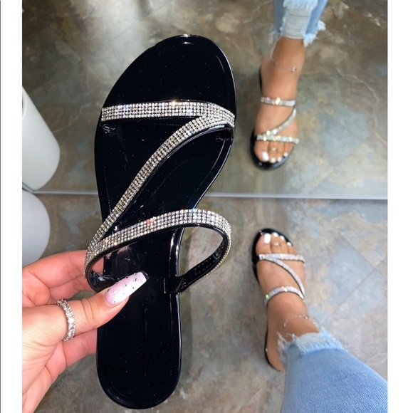 Shoes - Black Jelly Rhinestone Flat Sandals